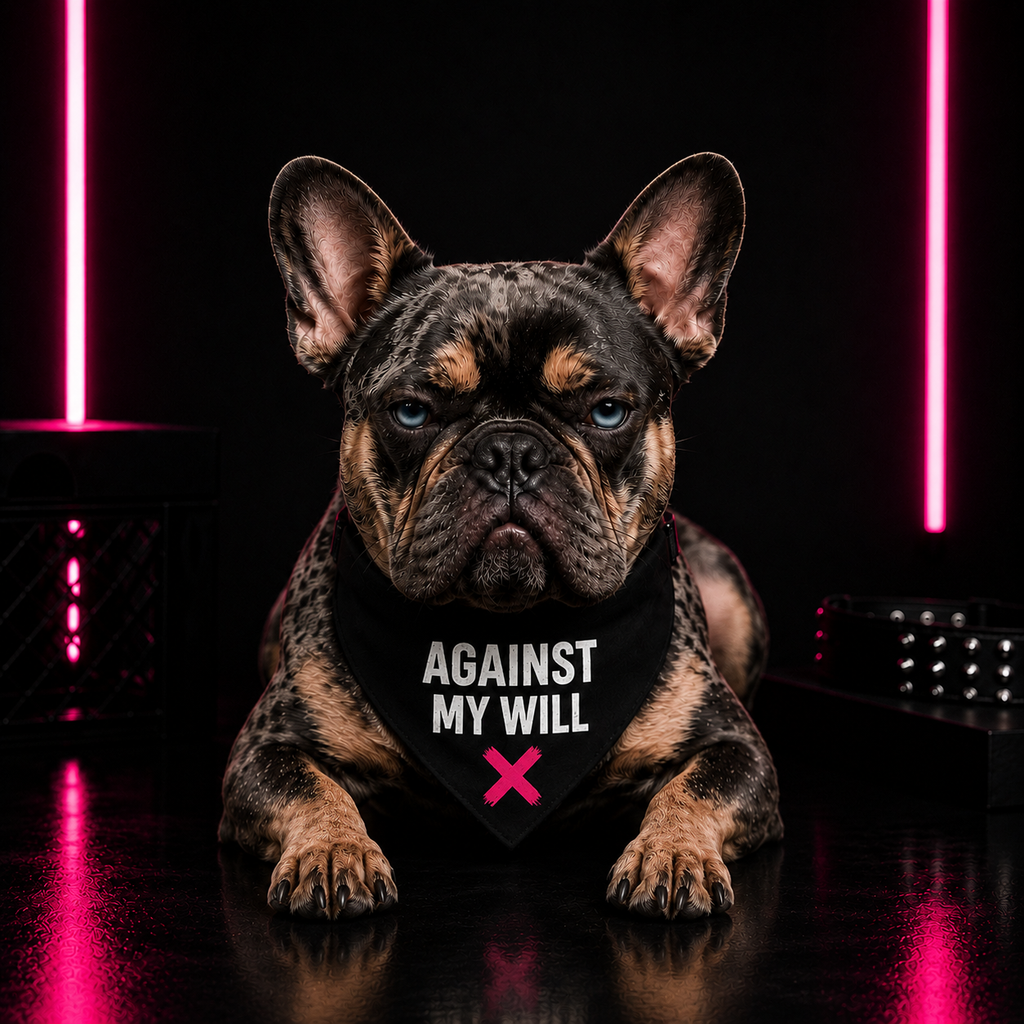 Clip-On Pet Bandana — "Against My Will" Graphic Dog Scarf (Black)