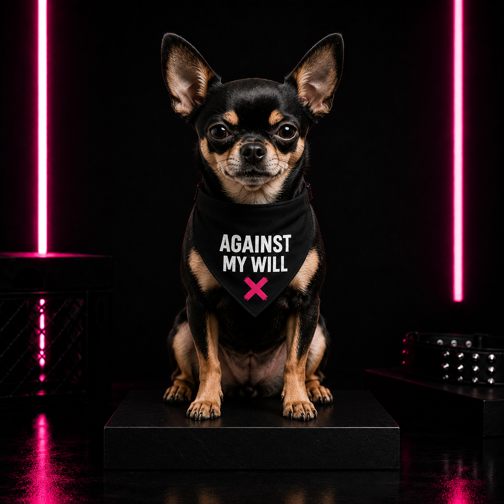 Clip-On Pet Bandana — "Against My Will" Graphic Dog Scarf (Black)