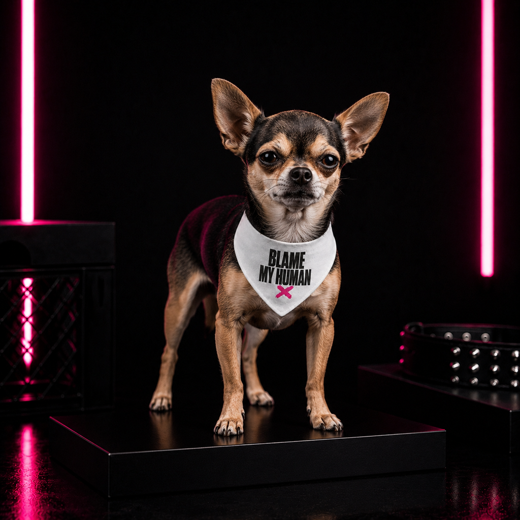 Bandana — "Blame My Human" Clip-On Pet Bandana (White, Pink X)