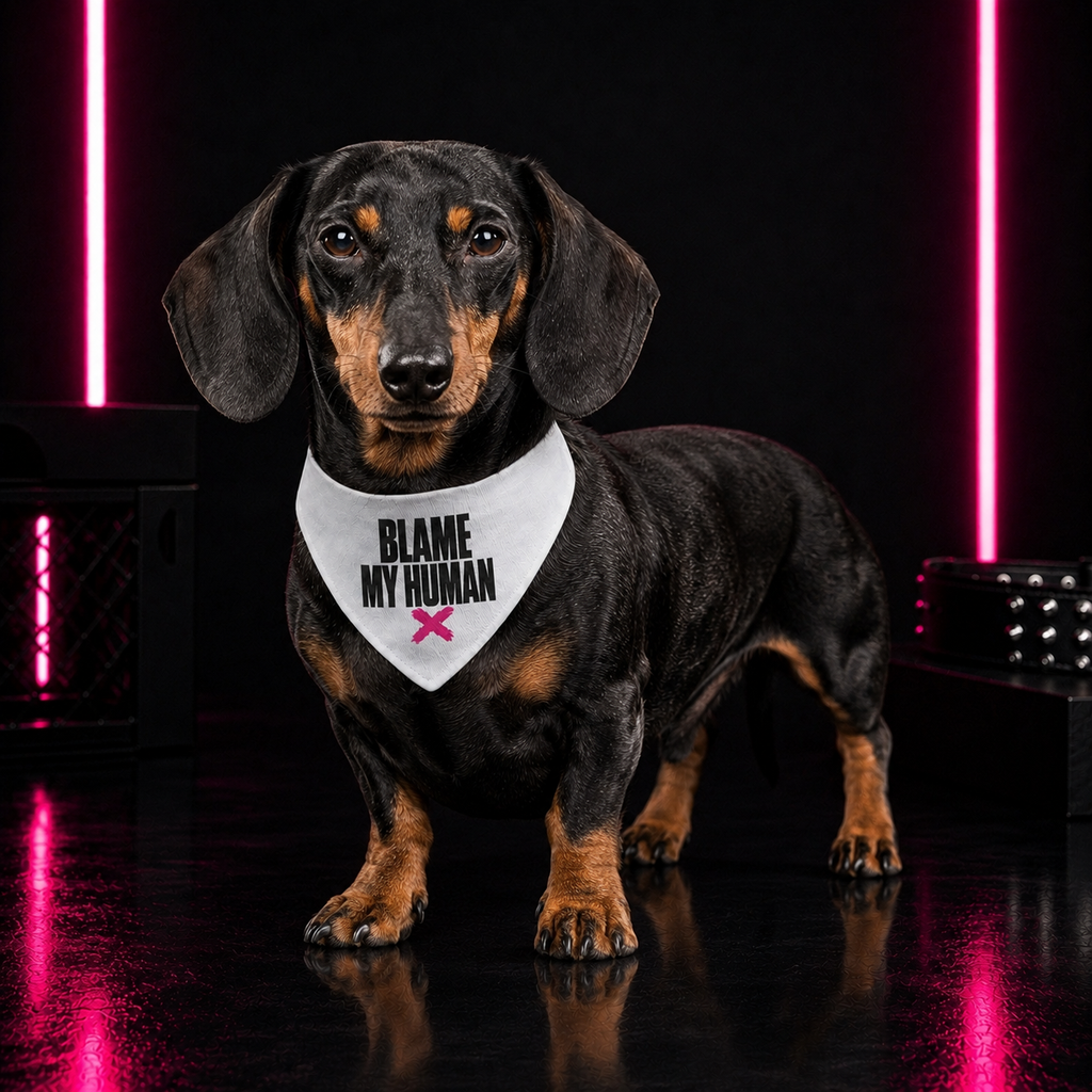 Bandana — "Blame My Human" Clip-On Pet Bandana (White, Pink X)