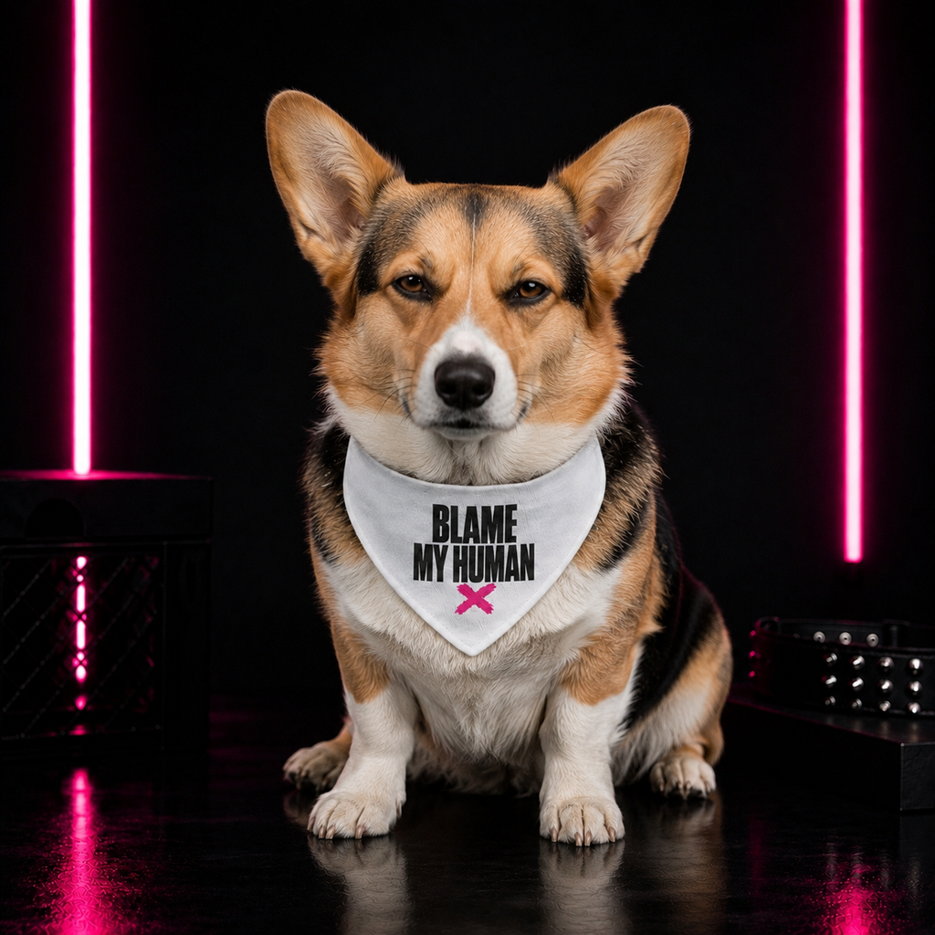 Bandana — "Blame My Human" Clip-On Pet Bandana (White, Pink X)