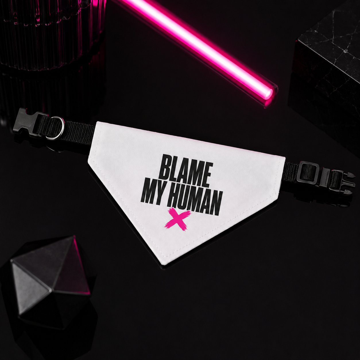 Bandana — "Blame My Human" Clip-On Pet Bandana (White, Pink X)