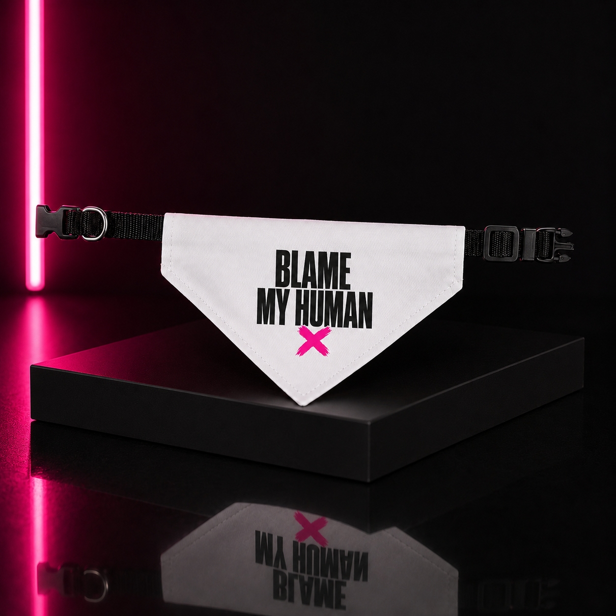 Bandana — "Blame My Human" Clip-On Pet Bandana (White, Pink X)