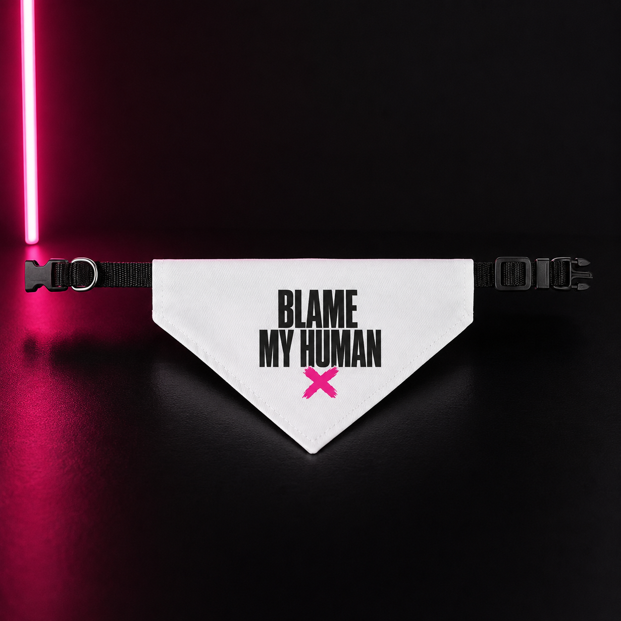 Bandana — "Blame My Human" Clip-On Pet Bandana (White, Pink X)